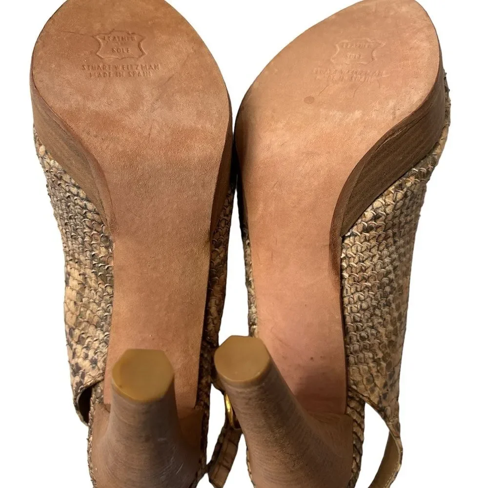 Stuart Weitzman Snakeskin Peep Toe Slingback Wood Platform heels sz 9.5 Mobwife